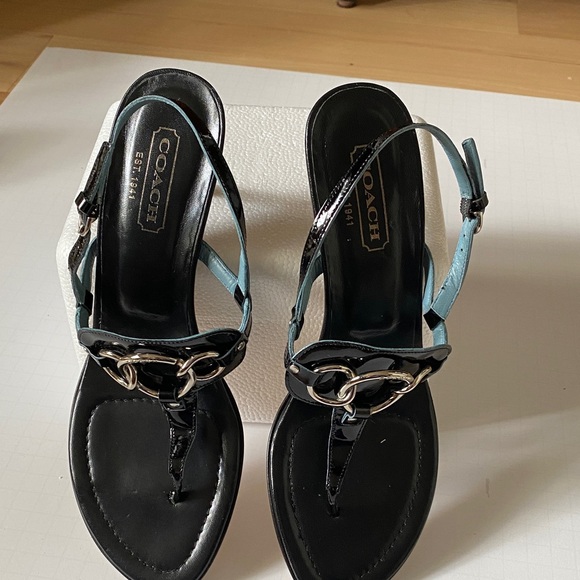Coach Shoes - Coach Black Patent Leather T-Strap Sandals with Light Blue Straps